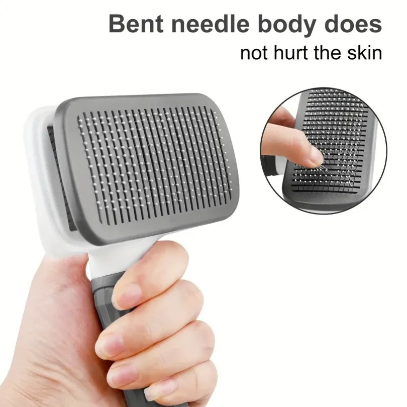 Pet Grooming Brush with One-Click Hair Removal, Bent Needle Massaging Comb for Dogs & Cats